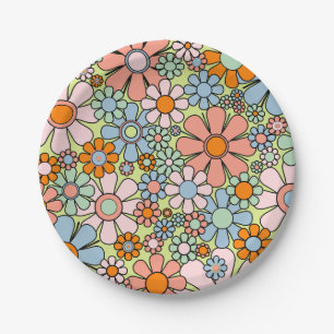 Retro Garden Flowers Groovy 60s 70s Spring Pattern Paper Plates