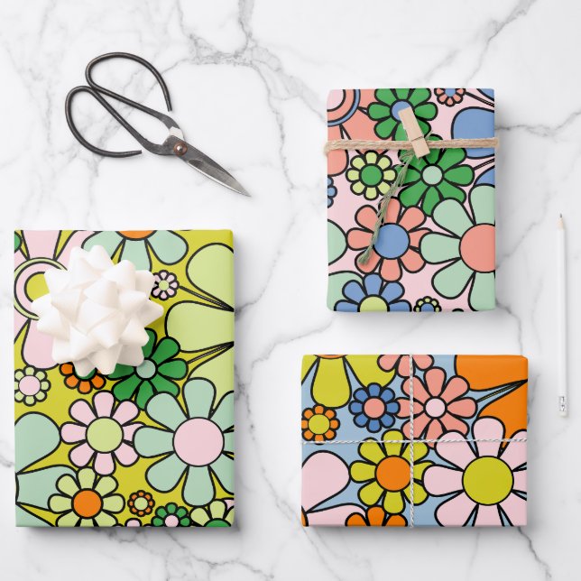 Retro Garden Flowers Groovy 60s 70s Spring Pattern Wrapping Paper Sheets (Front)