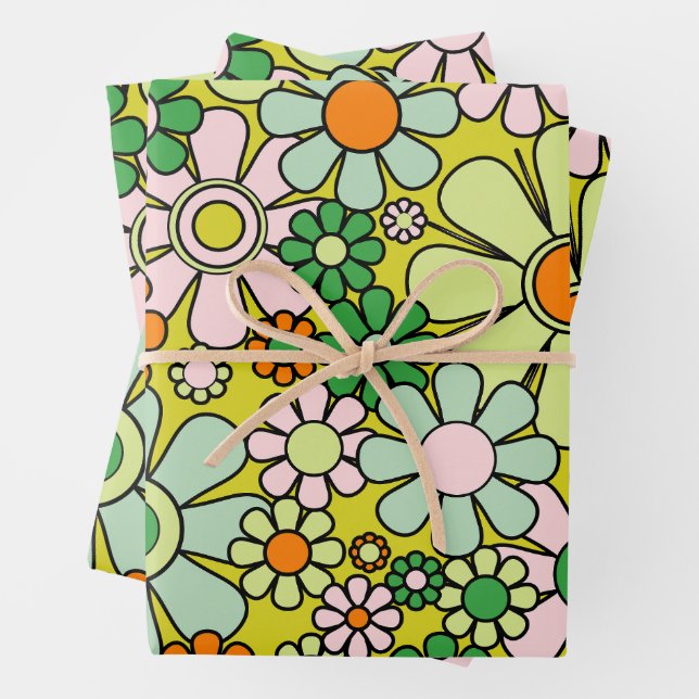 Retro Garden Flowers Groovy 60s 70s Spring Pattern Wrapping Paper Sheets (In situ)