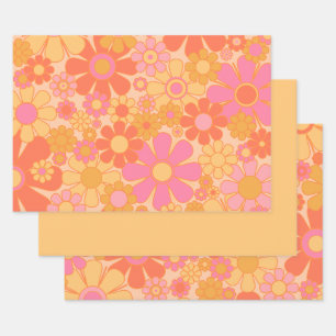 Retro Garden Flowers Groovy Floral Pink Yellow Wrapping Paper Sheets