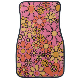 Retro Garden Flowers Groovy Pink 60s 70s Floral Car Floor Mat