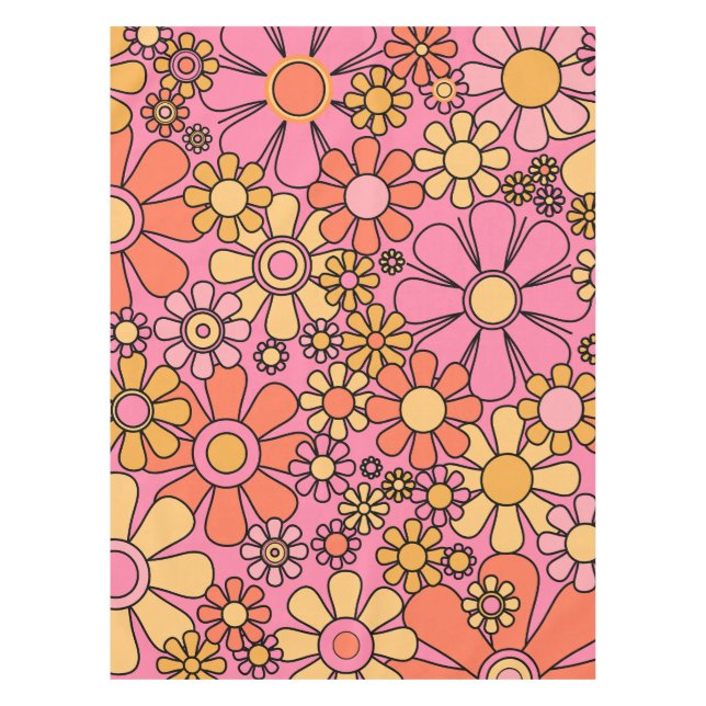 Retro Garden Flowers Pink 60s 70s Floral Pattern Tablecloth (Front)
