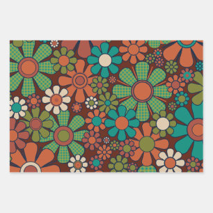 Retro Garden Gingham Flowers 60s 70s Floral Wrapping Paper Sheets