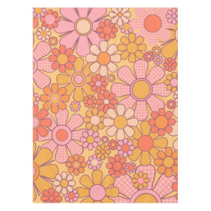 Retro Garden Gingham Flowers 60s 70s Pattern Tablecloth