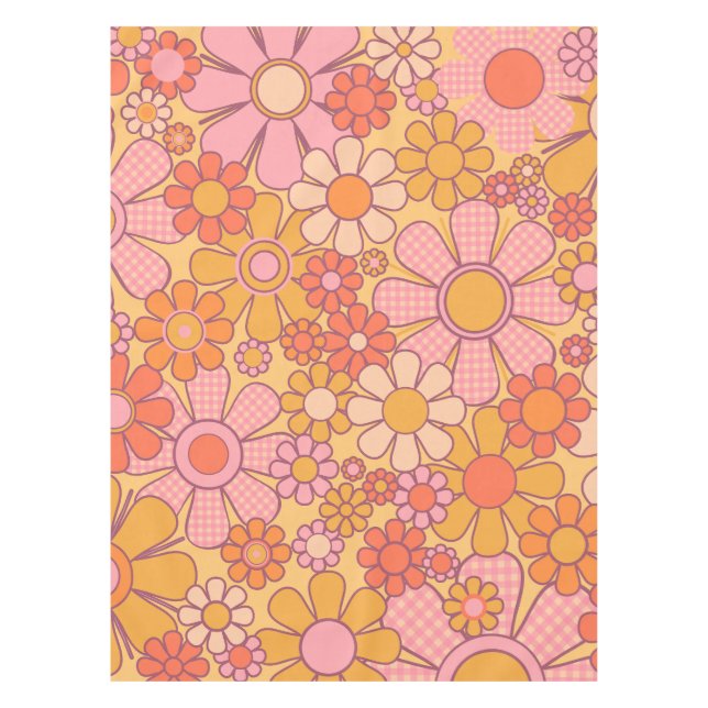 Retro Garden Gingham Flowers 60s 70s Pattern Tablecloth (Front)