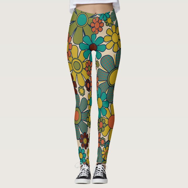 Retro Garden Gingham Flowers 70s Floral Pattern Leggings (Front)