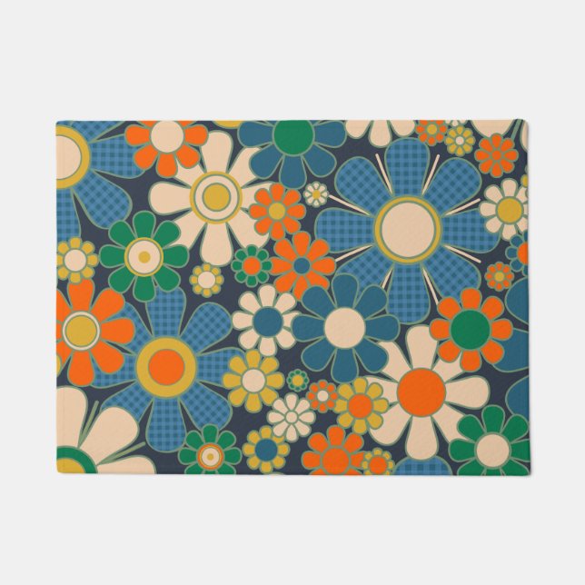 Retro Garden Gingham Flowers Vintage Floral Blue Doormat (Front)
