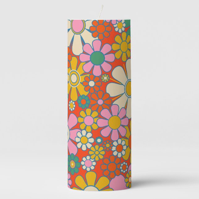  Retro Garden Groovy 60s 70s Floral Pattern Pillar Candle (Front)