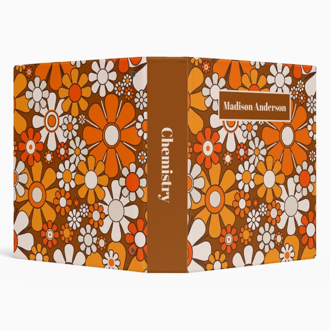 Retro Garden Groovy 70s Flowers Brown & Orange 3 Ring Binder (Background)