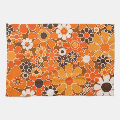 Retro Garden Groovy Floral 60s 70s Orange Pattern Kitchen Towel