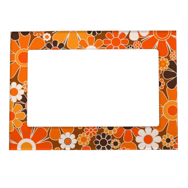 Retro Garden Groovy Floral 60s 70s Orange Pattern Magnetic Frame (Front)