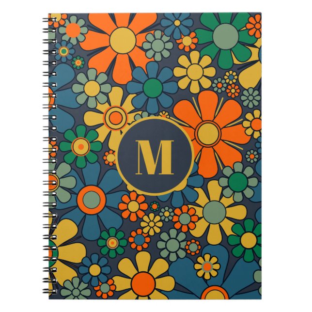 Retro Garden Groovy Floral 60s 70s Pattern Initial Notebook (Front)