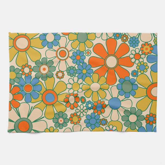 Retro Garden Groovy Floral 60s 70s Pattern Kitchen Towel (Horizontal)
