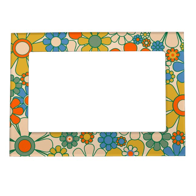 Retro Garden Groovy Floral 60s 70s Pattern Magnetic Frame (Front)