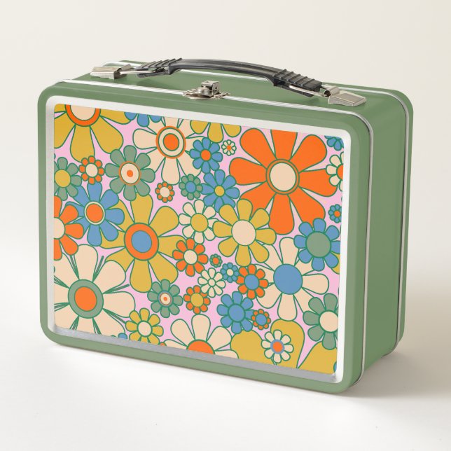 Retro Garden Groovy Floral 60s 70s Pattern Metal Lunch Box (Front)