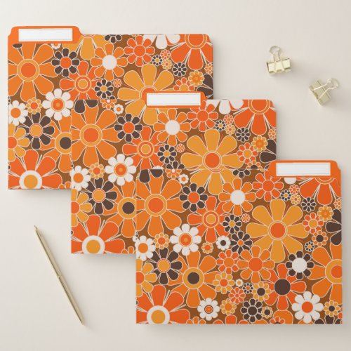 Retro Garden Groovy Floral 60s 70s Pattern Orange File Folder