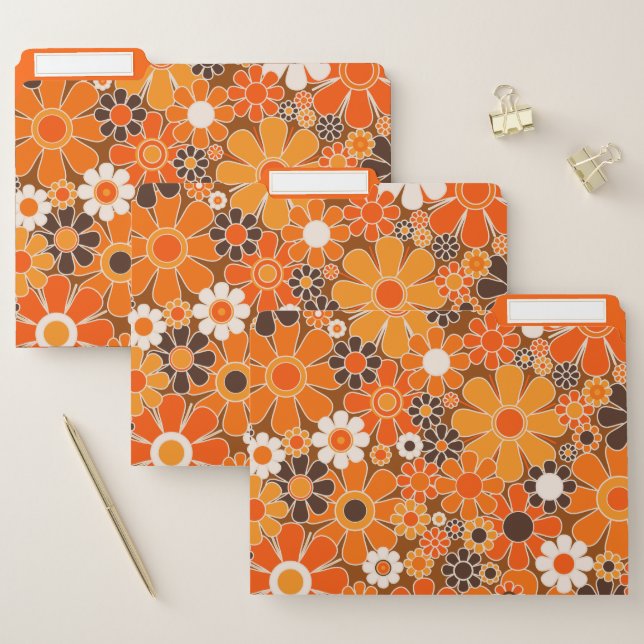 Retro Garden Groovy Floral 60s 70s Pattern Orange File Folder (Set)