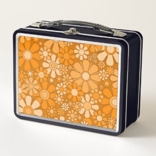 Retro Garden Groovy Floral 60s 70s Pattern Orange Metal Lunch Box