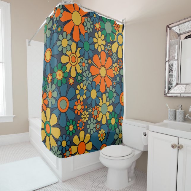 Retro Garden Groovy Floral 60s 70s Pattern Shower Curtain (In Situ)