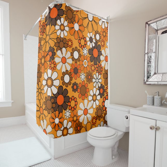 Retro Garden Groovy Floral 60s 70s Pattern Shower Curtain (In Situ)