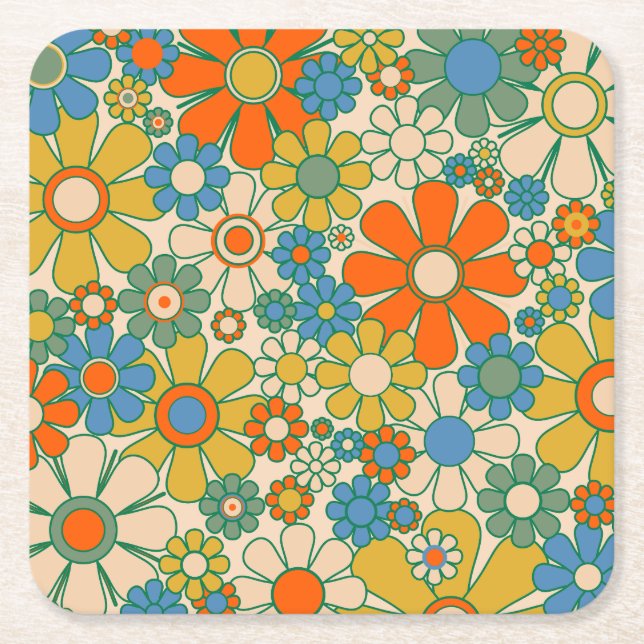 Retro Garden Groovy Floral 60s 70s Pattern Square Paper Coaster (Front)