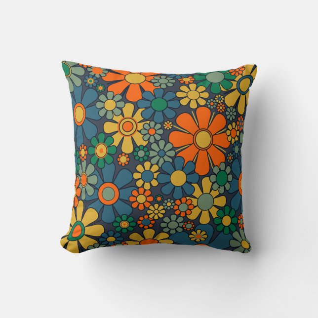 Retro Garden Groovy Floral 60s 70s Pattern Throw Pillow (Front)