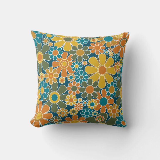 Retro Garden Groovy Floral 60s 70s Pattern Throw Pillow (Front)