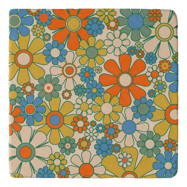 Retro Garden Groovy Floral 60s 70s Pattern Trivet (Front)