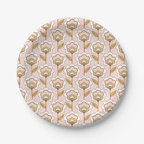 Retro Garden Pink Floral Pattern Paper Plates