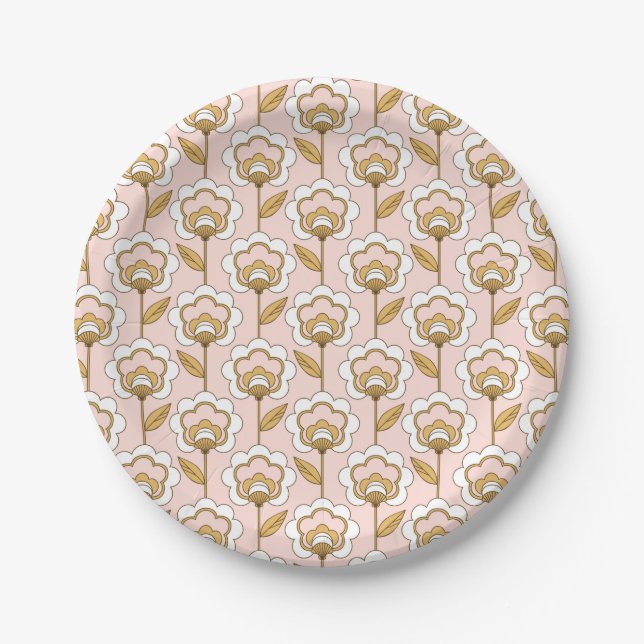 Retro Garden Pink Floral Pattern Paper Plates (Front)