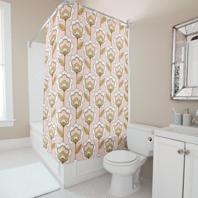 Retro Garden Pink Floral Pattern Shower Curtain (In Situ)