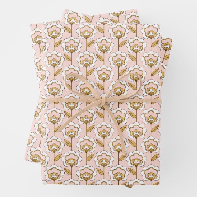 Retro Garden Pink Floral Pattern Wrapping Paper Sheets (In situ)