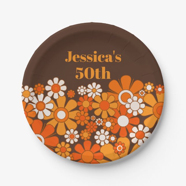 Retro Garden Vintage 1970s Personalized Birthday Paper Plates (Front)