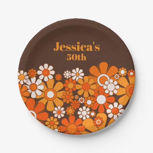 Retro Garden Vintage 70s Personalized Birthday Paper Plates (Front)