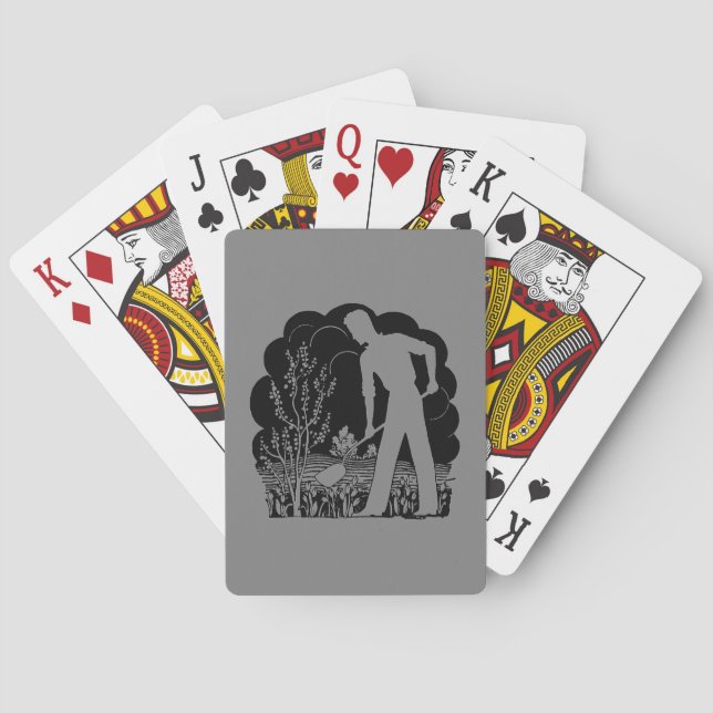 Retro Gardener Silhouette Gray Poker Cards (Back)