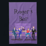 Retro Gay Bar Kitchen Towel<br><div class="desc">This customizable Retro Gay Bar Kitchen Towel design is purple, kitschy, and utterly fabulous! Sitting on mid century modern barstools, drinking their fun, pink beverages, these dapper gentlemen are having a gay ol’ time. The hunky bartender with a pink bowtie is already pouring the next round. The silhouettes of atomic...</div>