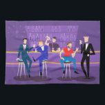 Retro Gay Bar Kitchen Towel<br><div class="desc">This Retro Gay Bar Kitchen Towel design is purple, kitschy, and utterly fabulous! Sitting on mid century modern barstools, drinking their fun, pink beverages, these dapper gentlemen are having a gay ol’ time. The hunky bartender with a pink bowtie is already pouring the next round. The silhouettes of atomic liquor...</div>