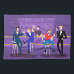 Retro Gay Bar Kitchen Towel<br><div class="desc">This Retro Gay Bar Kitchen Towel design is purple, kitschy, and utterly fabulous! Sitting on mid century modern barstools, drinking their fun, pink beverages, these dapper gentlemen are having a gay ol’ time. The hunky bartender with a pink bowtie is already pouring the next round. The silhouettes of atomic liquor...</div>