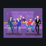 Retro Gay Bar Postcard<br><div class="desc">This Retro Gay Bar Postcard design is purple, kitschy, and utterly fabulous! Sitting on mid century modern barstools, drinking their fun, pink beverages, these dapper gentlemen are having a gay ol’ time. The hunky bartender with a pink bowtie is already pouring the next round. The silhouettes of atomic liquor bottles...</div>