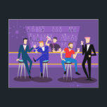 Retro Gay Bar Postcard<br><div class="desc">This Retro Gay Bar Postcard design is purple, kitschy, and utterly fabulous! Sitting on mid century modern barstools, drinking their fun, pink beverages, these dapper gentlemen are having a gay ol’ time. The hunky bartender with a pink bowtie is already pouring the next round. The silhouettes of atomic liquor bottles...</div>