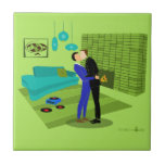 Retro Gay Couple in Love Ceramic Tile<br><div class="desc">This Retro Gay Couple in Love Tile  design is the perfect blend of passion and kitsch. The 1960s style, minimalist art design features an attractive gay couple kissing in the middle of there impeccably decorated time capsule home. The lime green brick fireplace sets the mood for the well-groomed gentlemen, as...</div>