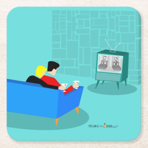 Retro Gay Couple Watching TV Paper Coaster