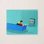 Retro Gay Couple Watching TV Puzzle<br><div class="desc">This Retro Gay Couple Watching TV design is simply fabulous! The 1960s style, minimalist art design features the back of a cozy couple and binging their favorite black and white television show. The sophisticated, turquoise and teal room prominently features a stone wall. The well-dressed men are holding martinis. Cheers to...</div>