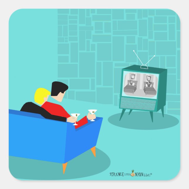 Retro Gay Couple Watching TV Square Stickers (Front)