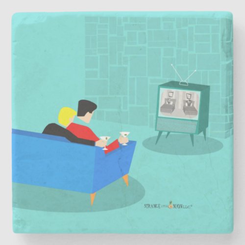 Retro Gay Couple Watching TV Stone Coaster