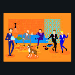 Retro Gay Party Poster (with dog)<br><div class="desc">This Retro Gay Party is orange, kitschy, and utterly fabulous! The 1960’s style, minimalist art design features an orange brick wall and turquoise, Palm Springs, breezy block barrier. The mid-century modern, low profile, blue, tufted couch with an avocado green throw pillow, orange, zebra hide rug and atomic, black cone light...</div>