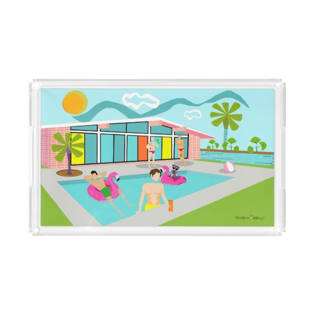 Retro Gay Pink Flamingo Pool Party  Acrylic Tray (Front)