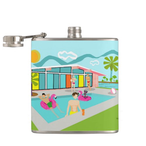 Retro Gay Pink Flamingo Pool Party  Flask