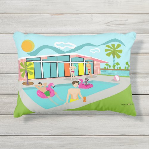 Retro Gay Pink Flamingo Pool Party  Outdoor Pillow