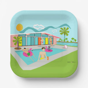 Retro Gay Pink Flamingo Pool Party Paper Plates